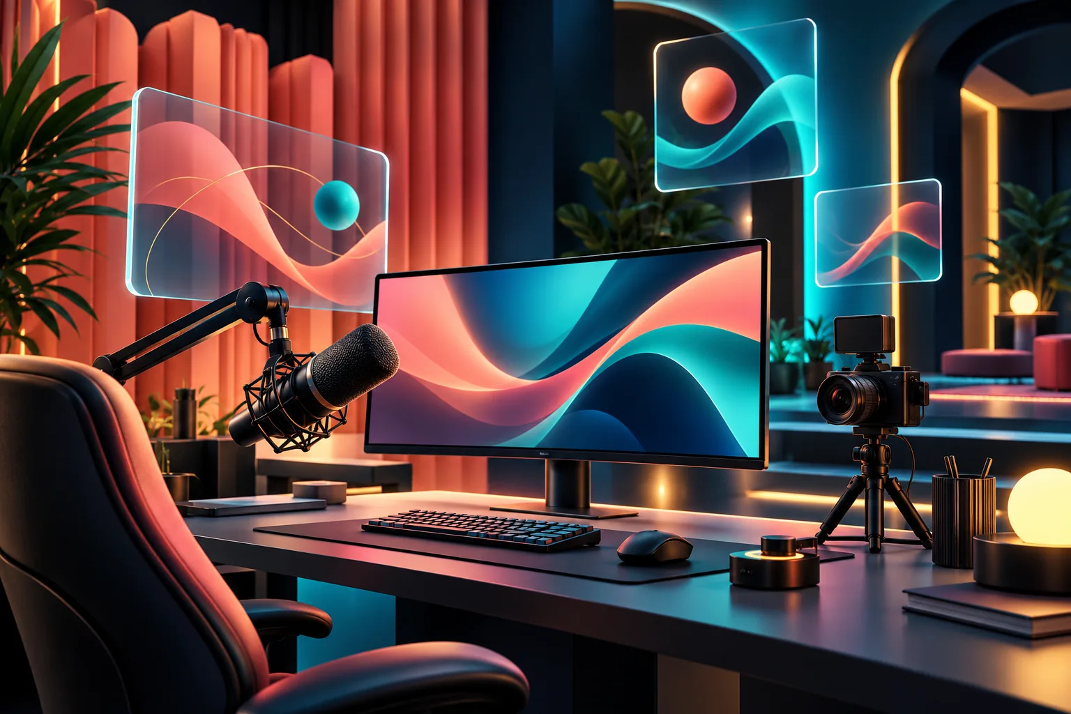 Creator studio illustration with a microphone, camera and motion-graphic screens